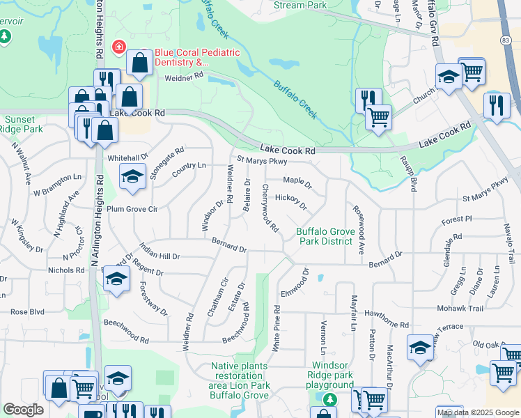 map of restaurants, bars, coffee shops, grocery stores, and more near 266 Cherrywood Road in Buffalo Grove