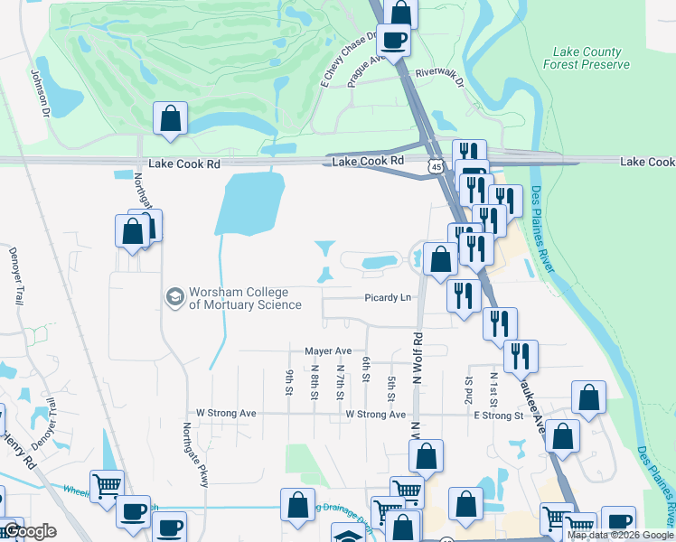 map of restaurants, bars, coffee shops, grocery stores, and more near 115 Prairie Park Drive in Wheeling
