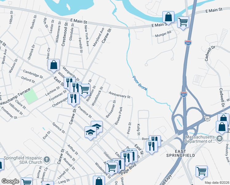 map of restaurants, bars, coffee shops, grocery stores, and more near 68 Beaufort Circle in Springfield