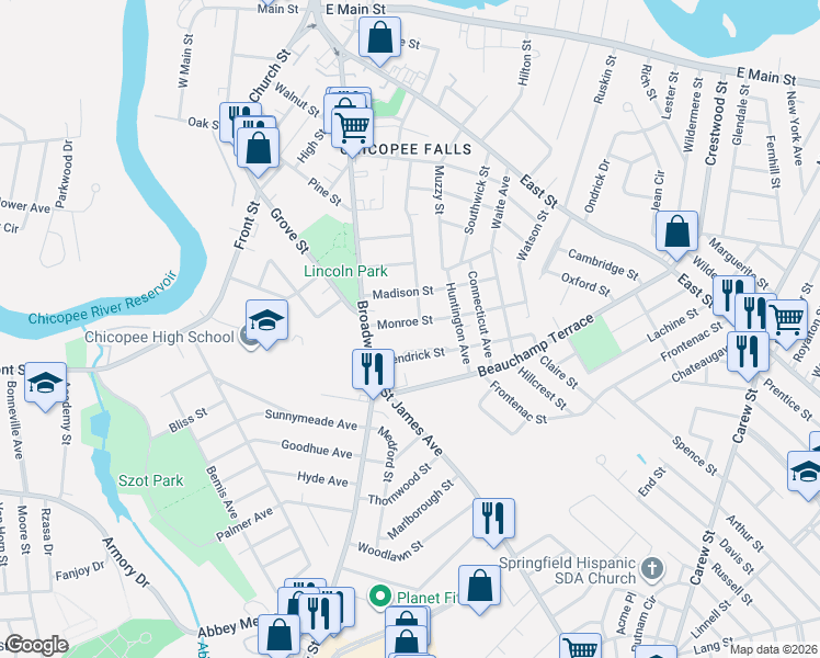 map of restaurants, bars, coffee shops, grocery stores, and more near 52 Hendrick Street in Chicopee