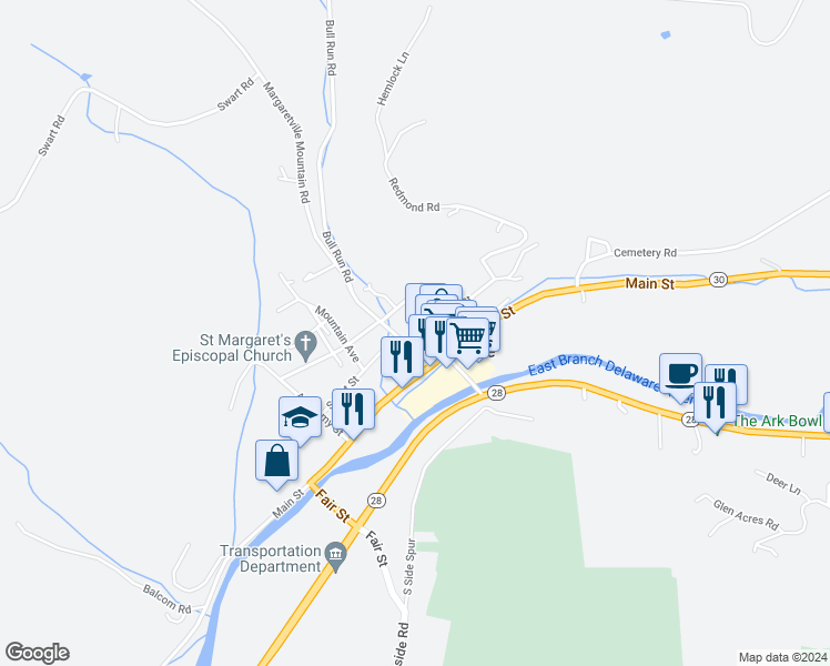 map of restaurants, bars, coffee shops, grocery stores, and more near 48 Walnut Street in Margaretville