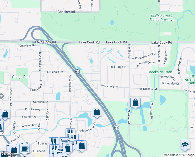 map of restaurants, bars, coffee shops, grocery stores, and more near 3904 Newport Way in Arlington Heights