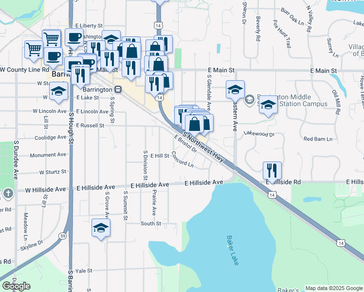 map of restaurants, bars, coffee shops, grocery stores, and more near 734 Concord Lane in Barrington