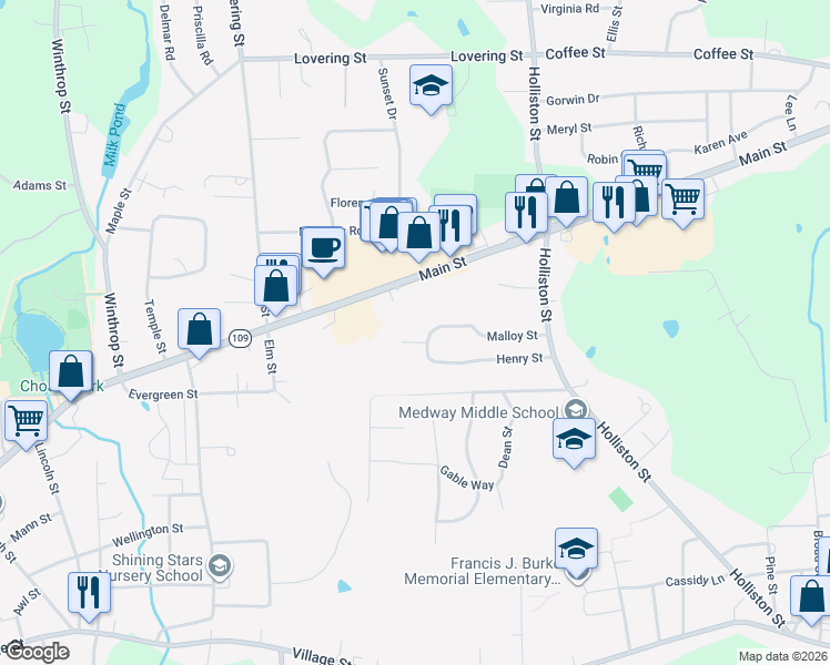 map of restaurants, bars, coffee shops, grocery stores, and more near 1 Orchard Street in Medway