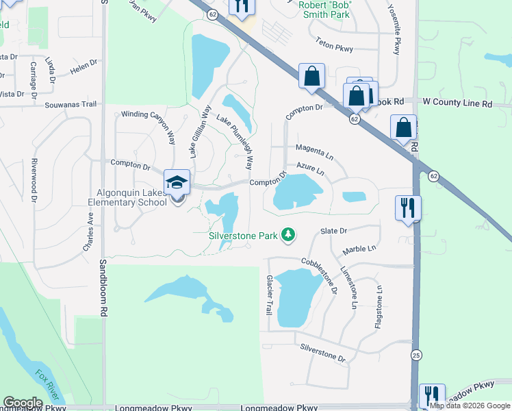 map of restaurants, bars, coffee shops, grocery stores, and more near 571 Lake Plumleigh Way in Algonquin