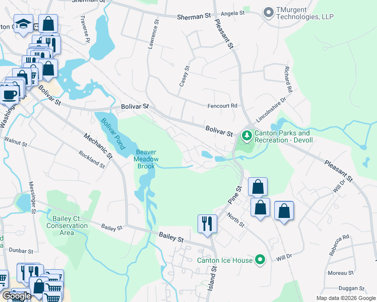 map of restaurants, bars, coffee shops, grocery stores, and more near 91 Waterfall Drive in Canton