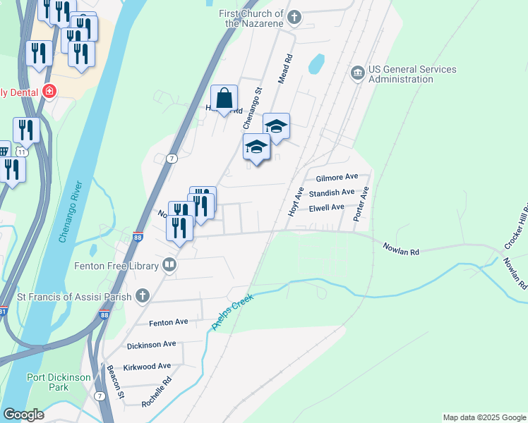 map of restaurants, bars, coffee shops, grocery stores, and more near 59 Nowlan Rd in Binghamton