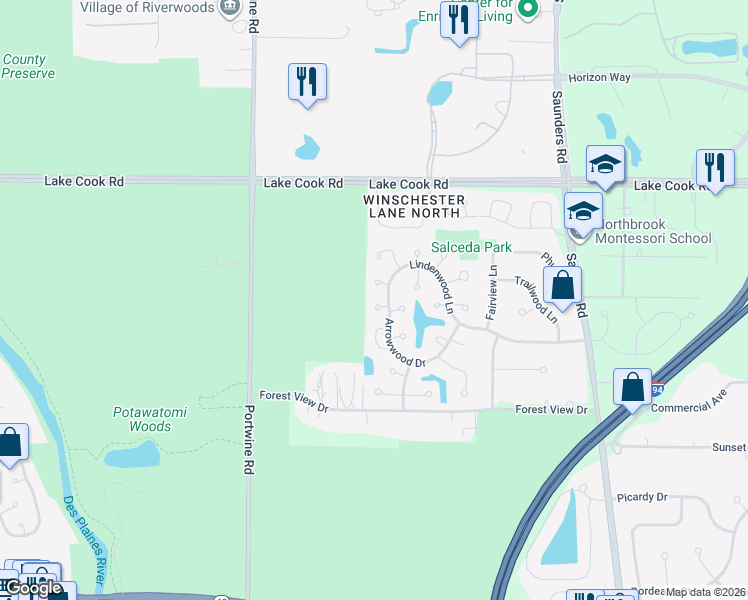 map of restaurants, bars, coffee shops, grocery stores, and more near 206 Honeysuckle Drive in Northbrook
