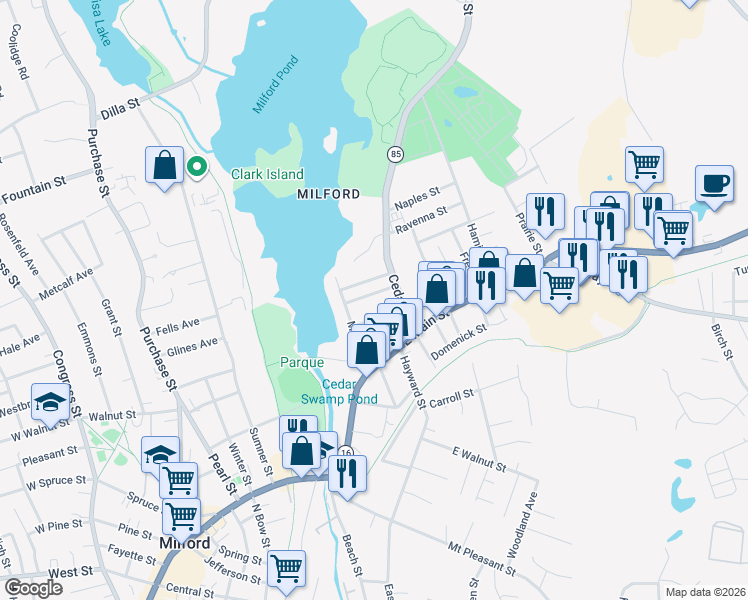 map of restaurants, bars, coffee shops, grocery stores, and more near 3 Columbus Avenue in Milford