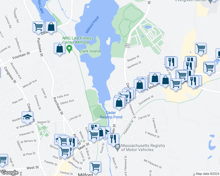 map of restaurants, bars, coffee shops, grocery stores, and more near 41 Meade Street in Milford