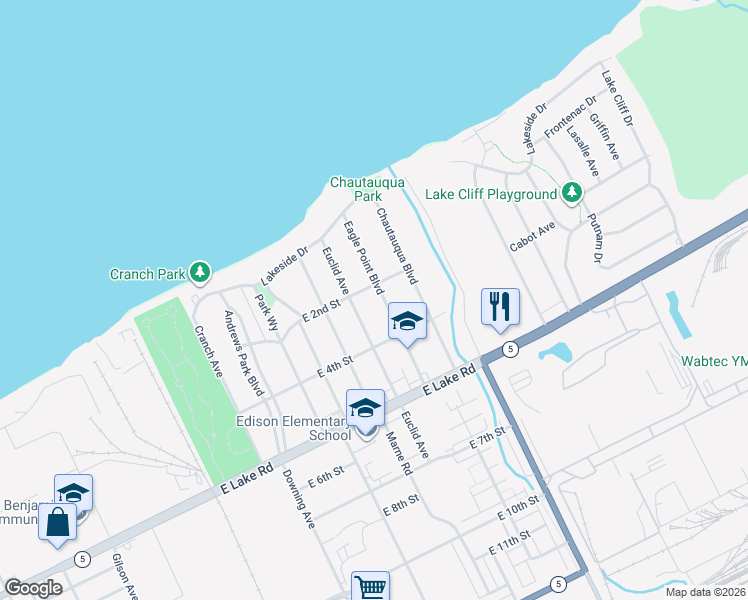 map of restaurants, bars, coffee shops, grocery stores, and more near 2104 E 2nd St in Erie