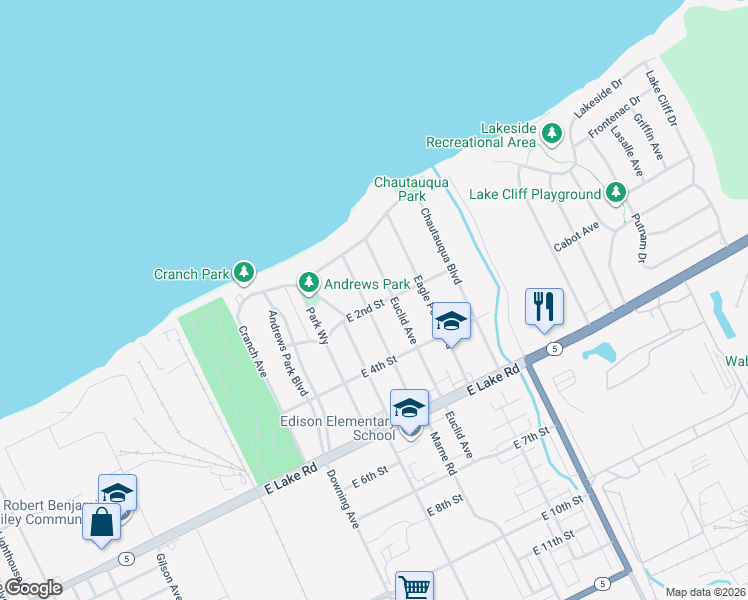 map of restaurants, bars, coffee shops, grocery stores, and more near 129 Sanford Place in Erie