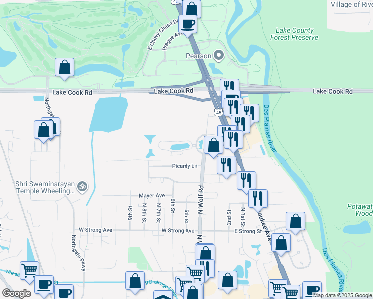map of restaurants, bars, coffee shops, grocery stores, and more near 40 Prairie Park Drive in Wheeling