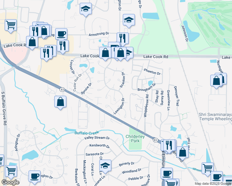 map of restaurants, bars, coffee shops, grocery stores, and more near 609 Ironwood Court in Wheeling