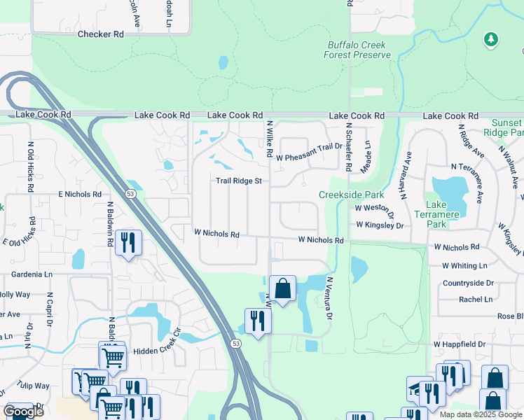 map of restaurants, bars, coffee shops, grocery stores, and more near 3976 North Wilke Road in Arlington Heights