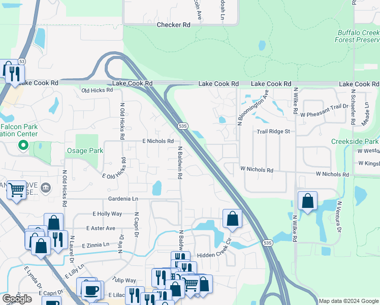 map of restaurants, bars, coffee shops, grocery stores, and more near 2199 North Oakbrook Circle in Palatine