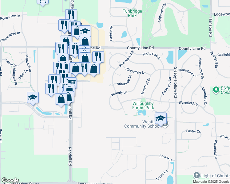 map of restaurants, bars, coffee shops, grocery stores, and more near 1851 Arbordale Lane in Algonquin
