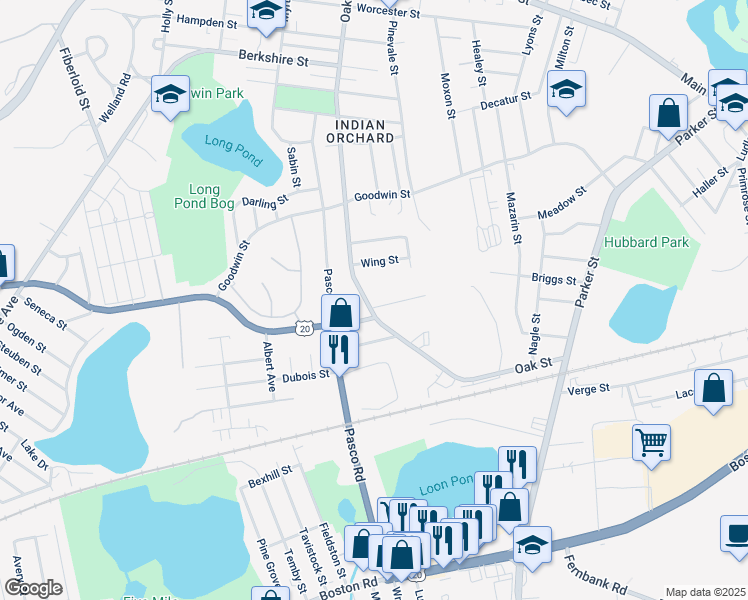 map of restaurants, bars, coffee shops, grocery stores, and more near 309 Oak Street in Springfield