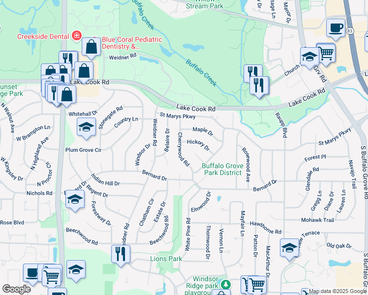map of restaurants, bars, coffee shops, grocery stores, and more near 220 Cherrywood Road in Buffalo Grove