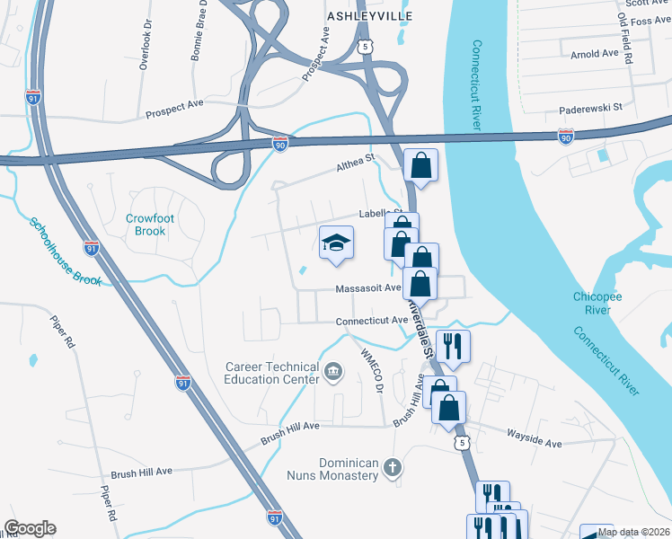 map of restaurants, bars, coffee shops, grocery stores, and more near 88 Massasoit Avenue in West Springfield