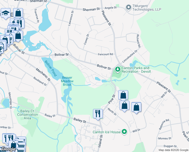 map of restaurants, bars, coffee shops, grocery stores, and more near 40 Waterfall Drive in Canton