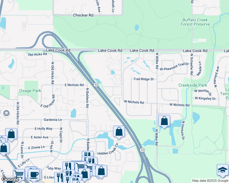 map of restaurants, bars, coffee shops, grocery stores, and more near 2213 West Nichols Road in Arlington Heights