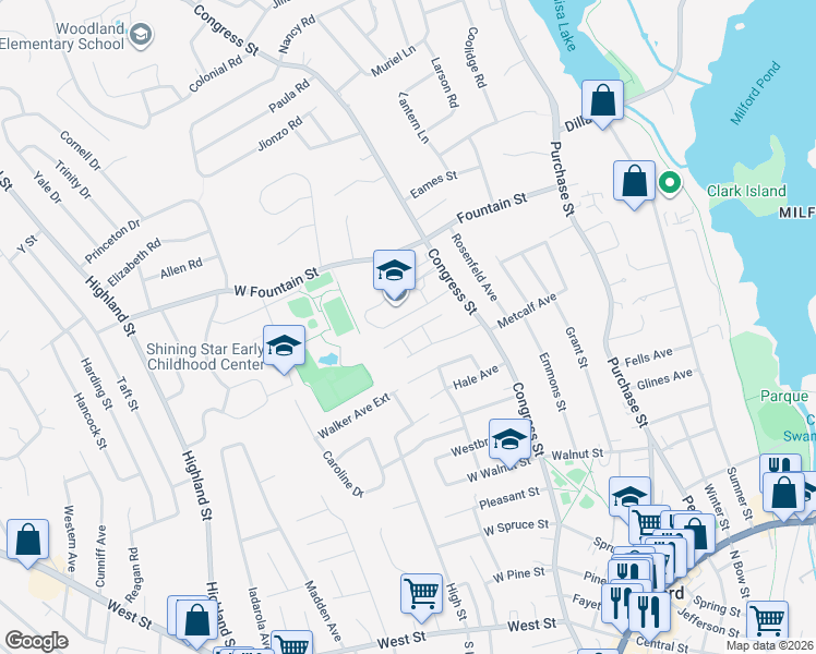 map of restaurants, bars, coffee shops, grocery stores, and more near 110 Congress Street in Milford