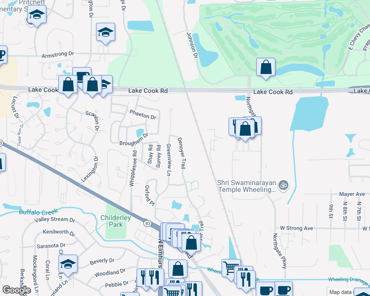 map of restaurants, bars, coffee shops, grocery stores, and more near 605 Denoyer Trail in Wheeling