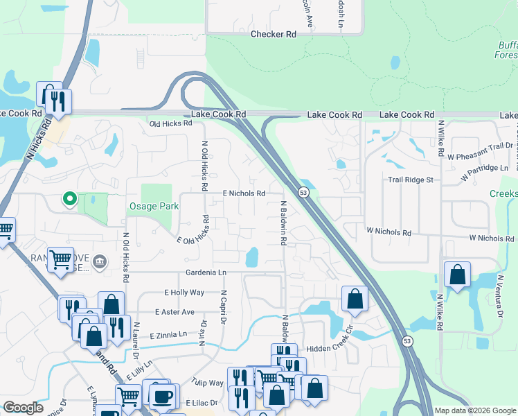 map of restaurants, bars, coffee shops, grocery stores, and more near 1174 East Candlenut Lane in Palatine