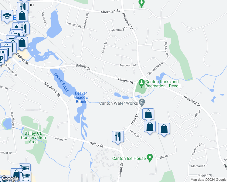 map of restaurants, bars, coffee shops, grocery stores, and more near 42 Waterfall Drive in Canton