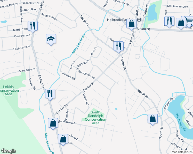 map of restaurants, bars, coffee shops, grocery stores, and more near 6 Alden Avenue West in Randolph