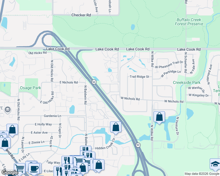map of restaurants, bars, coffee shops, grocery stores, and more near Nichols Road in Arlington Heights