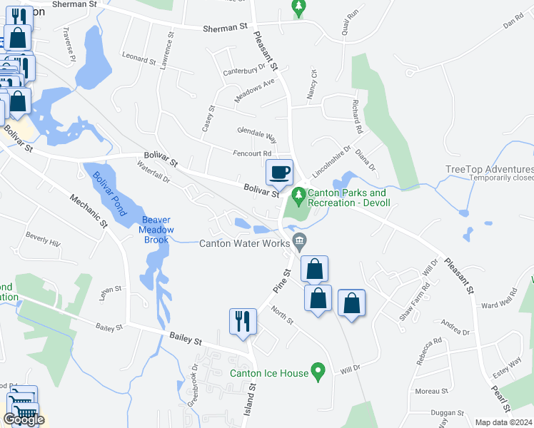 map of restaurants, bars, coffee shops, grocery stores, and more near 487 Bolivar Street in Canton