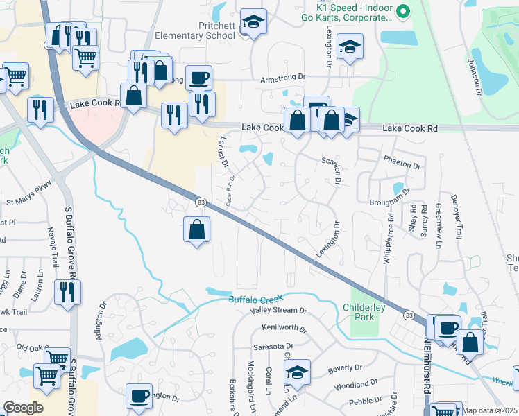 map of restaurants, bars, coffee shops, grocery stores, and more near 1214 Quincy Court in Wheeling