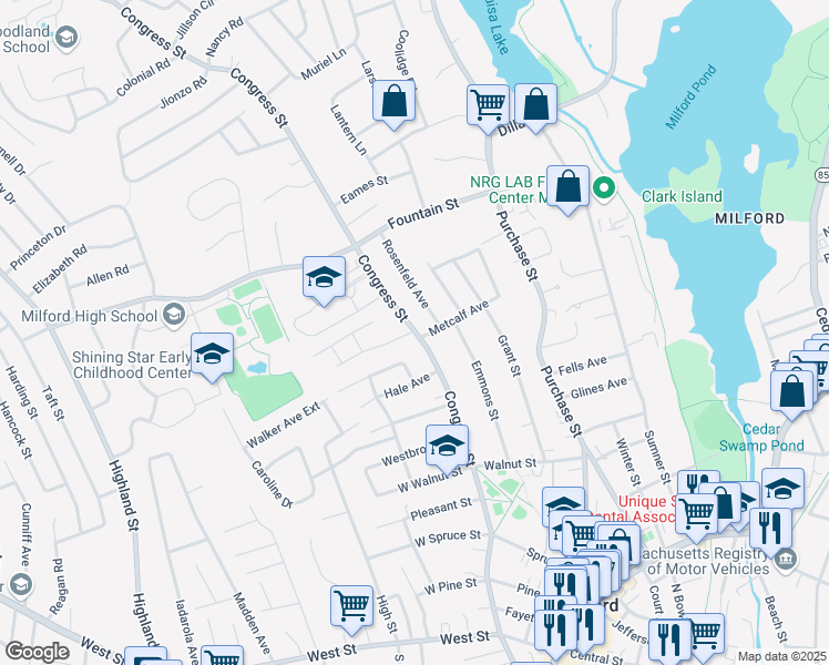 map of restaurants, bars, coffee shops, grocery stores, and more near 110 Congress Street in Milford