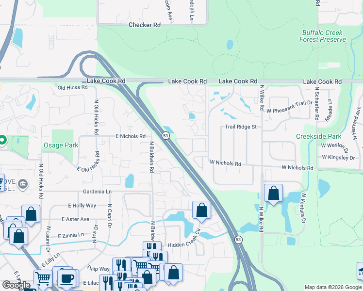 map of restaurants, bars, coffee shops, grocery stores, and more near 2227 West Nichols Road in Arlington Heights