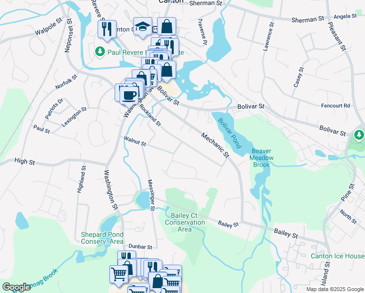 map of restaurants, bars, coffee shops, grocery stores, and more near 19 Kempley Place in Canton