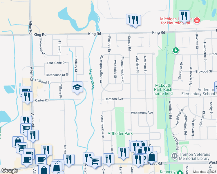 map of restaurants, bars, coffee shops, grocery stores, and more near 1924 Pinetree Drive in Trenton