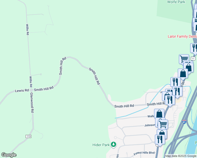map of restaurants, bars, coffee shops, grocery stores, and more near 163 Smith Hill Road in Binghamton
