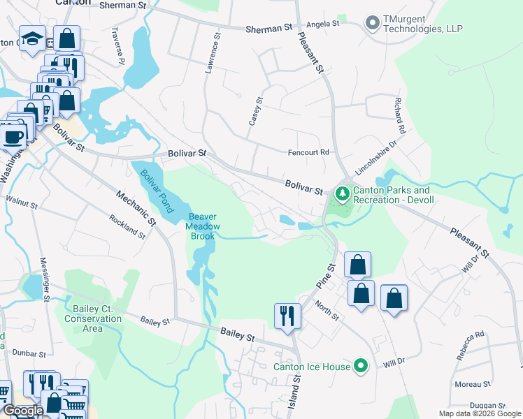 map of restaurants, bars, coffee shops, grocery stores, and more near 40 Waterfall Drive in Canton