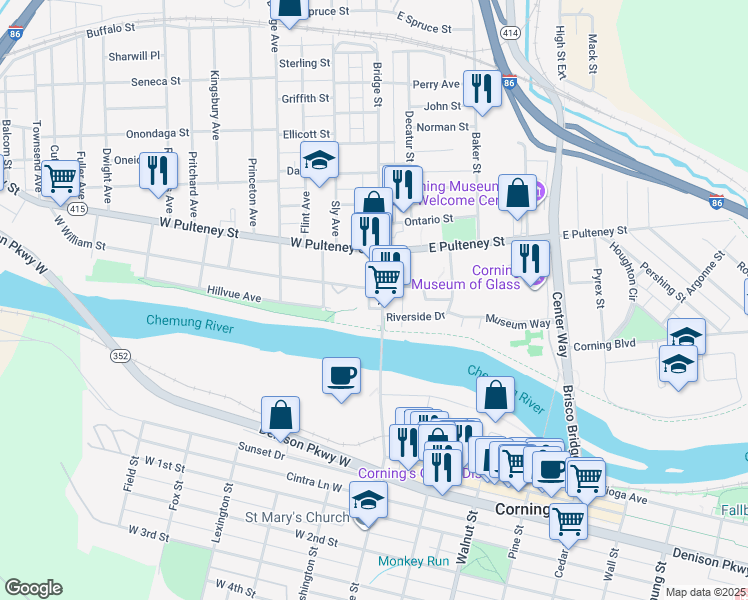 map of restaurants, bars, coffee shops, grocery stores, and more near 36 Bridge Street in Corning