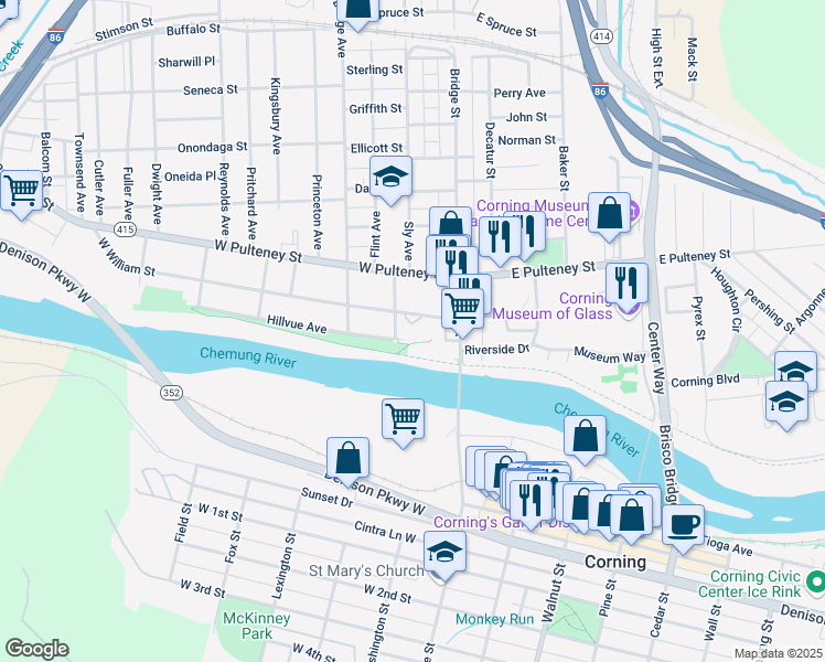 map of restaurants, bars, coffee shops, grocery stores, and more near 35 West William Street in Corning