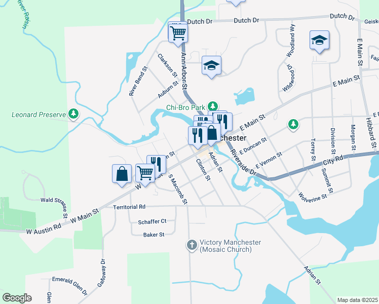map of restaurants, bars, coffee shops, grocery stores, and more near 102 West Main Street in Manchester