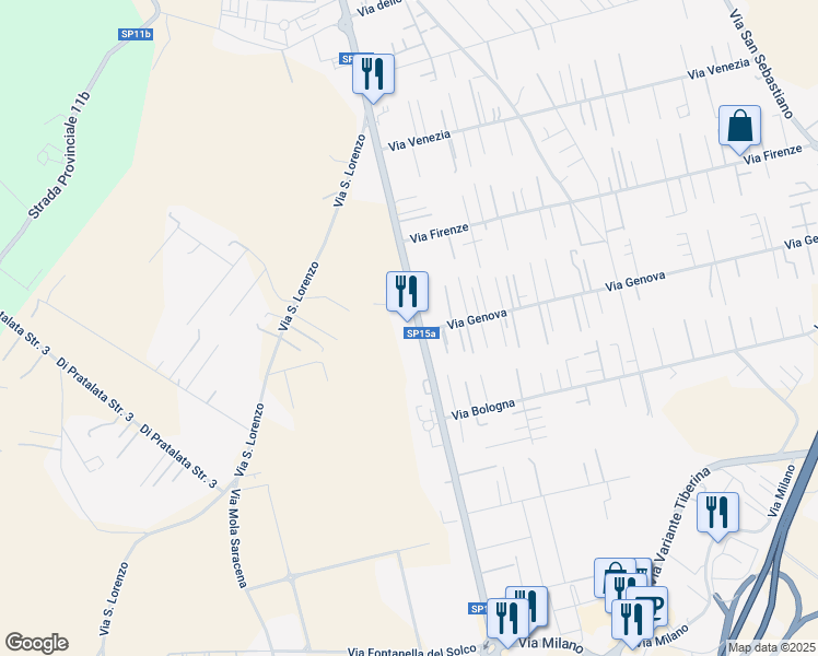 map of restaurants, bars, coffee shops, grocery stores, and more near 47 SP15a in Fiano Romano