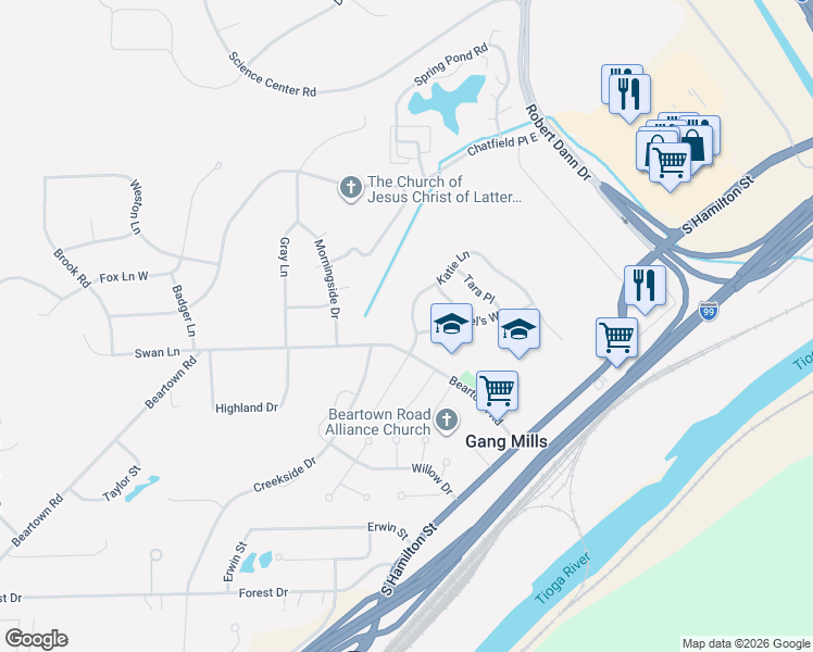 map of restaurants, bars, coffee shops, grocery stores, and more near 8 Katie Lane in Painted Post