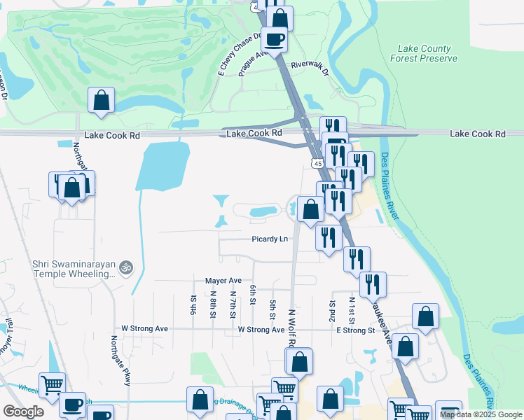 map of restaurants, bars, coffee shops, grocery stores, and more near 445 Prairie Park Drive in Wheeling