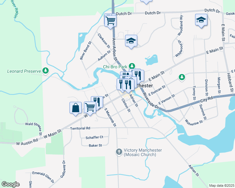 map of restaurants, bars, coffee shops, grocery stores, and more near 102 West Main Street in Manchester