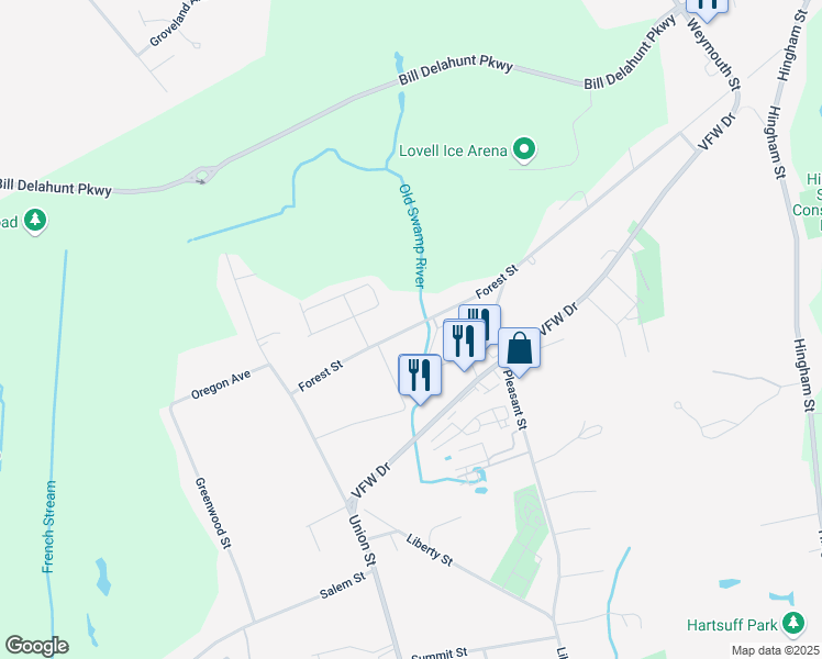 map of restaurants, bars, coffee shops, grocery stores, and more near 136 Forest Street in Rockland