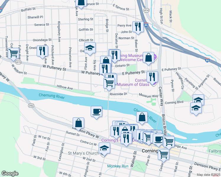 map of restaurants, bars, coffee shops, grocery stores, and more near 36 Bridge Street in Corning
