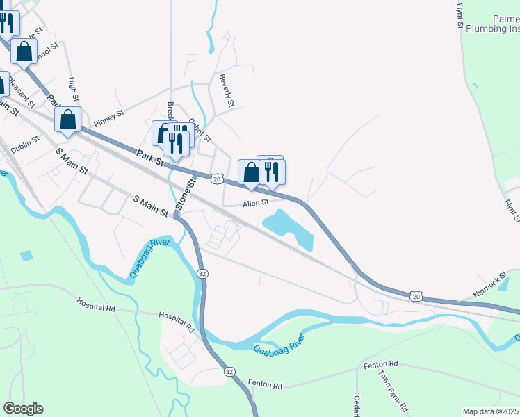 map of restaurants, bars, coffee shops, grocery stores, and more near 4-98 Allen Street in Palmer